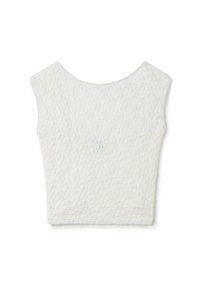 Top corto bianco in tessuto testurizzato con motivo trapuntato, scollo ampio e design senza maniche. Aspetto minimalista e pulito.