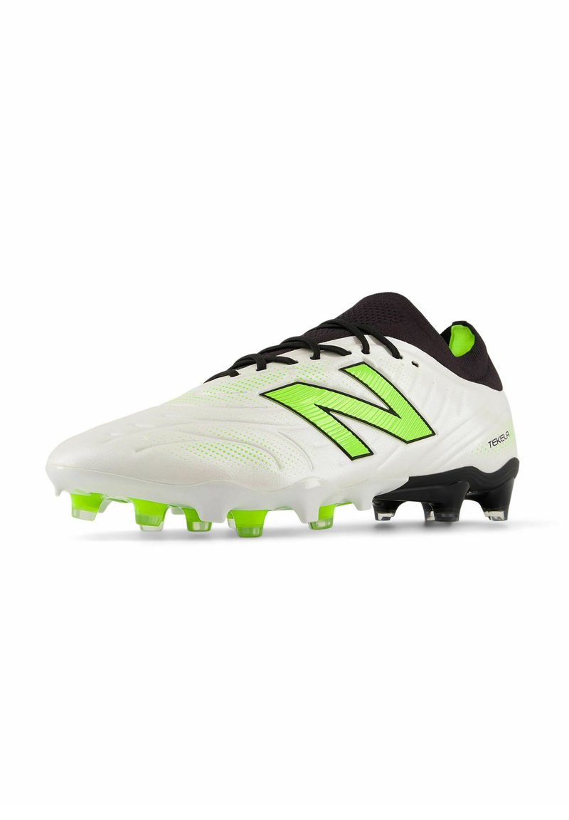 White synthetic soccer cleat with black and neon green accents, textured upper, and molded plastic studs for traction.