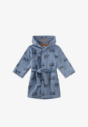 Blauer Kinder-Bademantel mit Kapuze und Gürtel, Vordertaschen und schwarzen Baustellenfahrzeug-Mustern auf dem gesamten Stoff.
