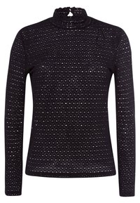 Langærmet sort top med en høj flæsekrave, der har et mønster af cirkulære udskæringer i hele stoffet for tekstur og design.
