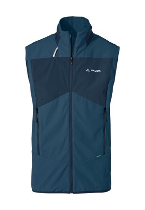 Marineblaues ärmelloses Oberteil mit hohem Kragen, Frontreißverschluss, zwei seitlichen Taschen und schräger Brusttasche. Hergestellt aus leichtem, wasserabweisendem Material.