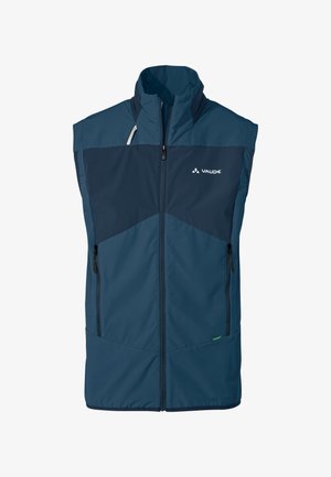 Marineblaues ärmelloses Oberteil mit hohem Kragen, Frontreißverschluss, zwei seitlichen Taschen und schräger Brusttasche. Hergestellt aus leichtem, wasserabweisendem Material.