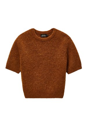 Pull à manches courtes d'une riche couleur marron, fabriqué en tissu doux et texturé. Présente un col rond et un design à coupe décontractée.