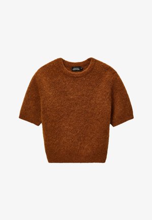 Pull à manches courtes d'une riche couleur marron, fabriqué en tissu doux et texturé. Présente un col rond et un design à coupe décontractée.
