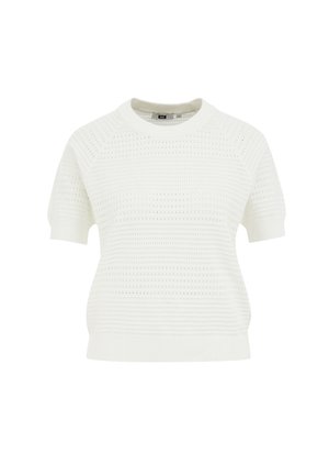 White short-sleeve knit sweater with a textured pattern, ribbed neckline and hem, featuring open weave designs for breathability.