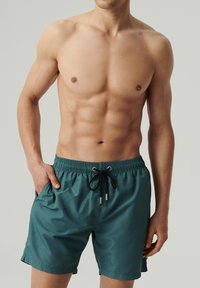 Męskie szorty do pływania w kolorze teal, wykonane z gładkiego nylonu, z elastyczną talią, sznurkiem, bocznymi kieszeniami oraz długością do połowy uda.