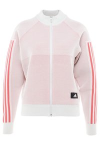 Chaqueta rosa de malla con cierre de cremallera y puños y dobladillo acanalados en blanco, que presenta tres rayas rosas en cada manga y un logo de Adidas en el frente.