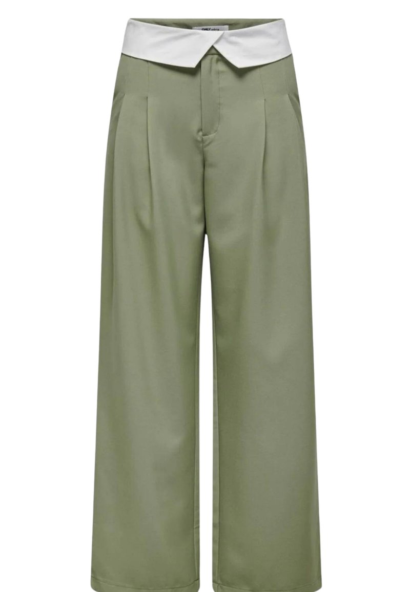 Pantaloni a gamba larga verde chiaro con una cintura bianca a collare, caratterizzati da due pieghe frontali e una texture liscia. Senza chiusure visibili.