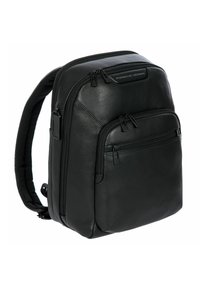 Zaino in pelle nera con spallacci imbottiti, molteplici scomparti con cerniera e una superficie liscia. Presenta un logo sulla parte superiore del pannello frontale.