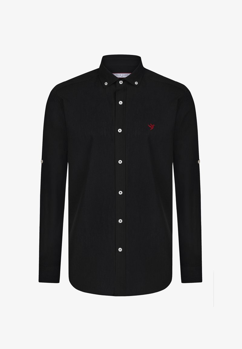 Black long-sleeve shirt with button-down collar, front placket featuring white buttons, and a small red bird logo on the left chest.