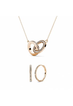 Schmuckset aus Roségold mit einem herzförmigen Anhänger, der mit klaren Steinen besetzt ist, und passenden Ohrreifen mit einer einzelnen Reihe klarer Steine.