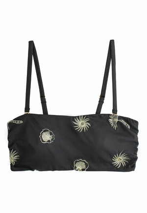 Top de bikini bandeau negru cu bretele subțiri reglabile și modele brodate aurii cu scoici și soare.