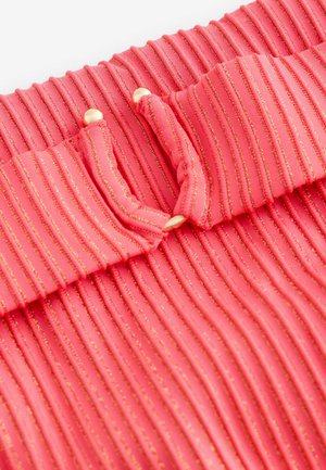 Coral pink pleated fabric with golden metallic stripes. Features a textured surface and a fastening detail with two gold buttons at the top.