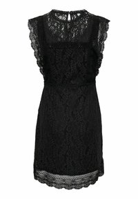 Robe sans manches en dentelle noire avec bords festonnés, motif floral, taille ajustée et fermeture par bouton à l'arrière, en haut du dos.