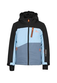 Veste imperméable bleu clair et noire avec une capuche réglable, des accents de fermeture éclair orange, deux poches avant et un design géométrique.