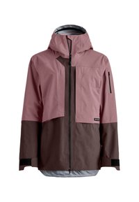Waterproof jacket in pink and brown color blocks, featuring a large front pocket, adjustable hood, long sleeves, and zippered wrist cuffs.