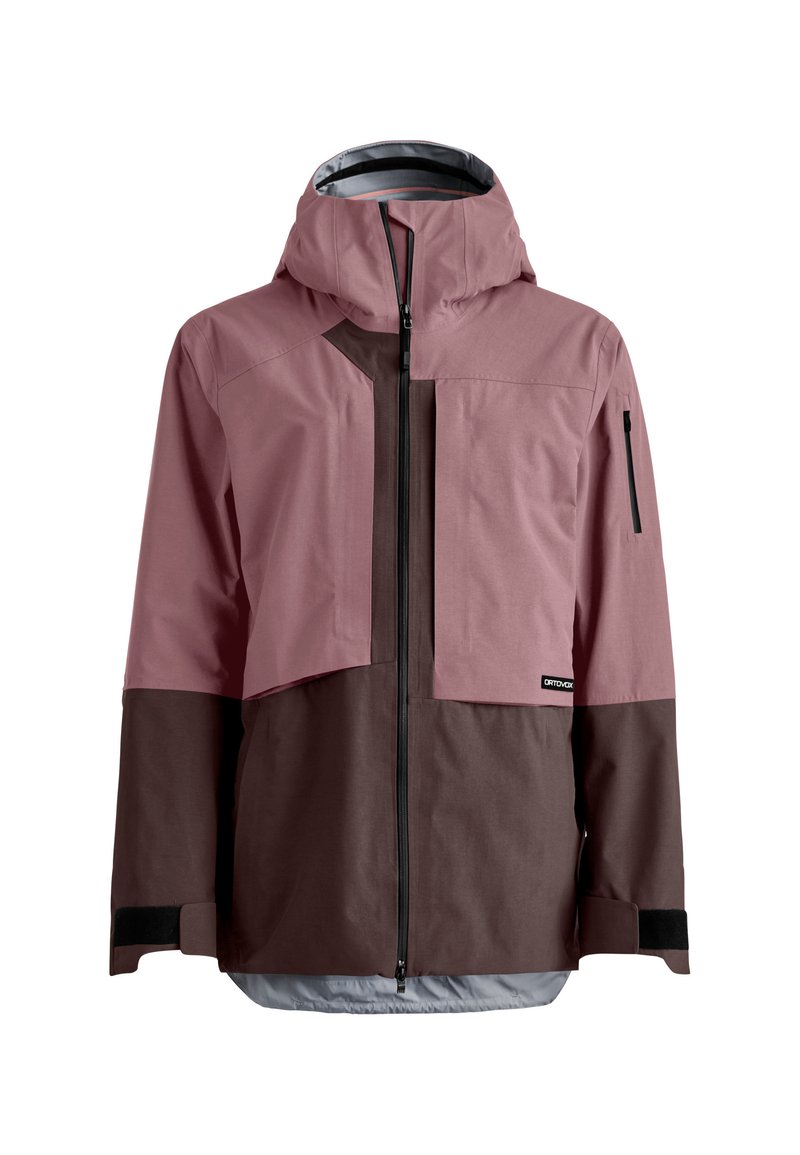 Waterproof jacket in pink and brown color blocks, featuring a large front pocket, adjustable hood, long sleeves, and zippered wrist cuffs.