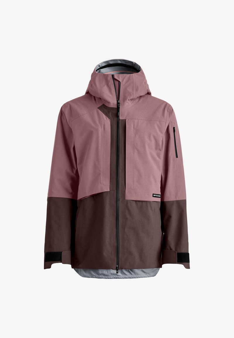 Waterproof jacket in pink and brown color blocks, featuring a large front pocket, adjustable hood, long sleeves, and zippered wrist cuffs.