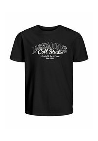Czarny bawełniany t-shirt z krótkim rękawem, z białym graficznym napisem "JACK&JONES Coll. Studio" na przodzie i małymi detalami poniżej.