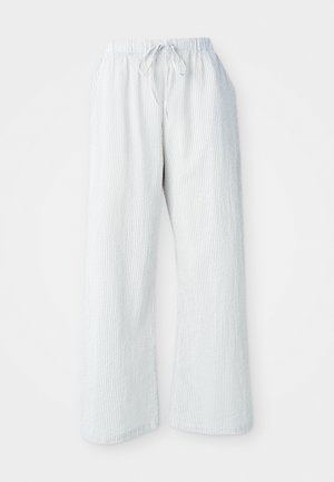 Pantalons en seersucker gris clair avec une taille élastique et une cordelette, présentant une coupe droite décontractée.
