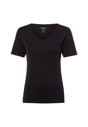 Czarny damski T-shirt z krótkim rękawem, dekoltem w serek, o standardowym kroju, wykonany z czystej bawełny przez Brookshire, rozmiar mały.