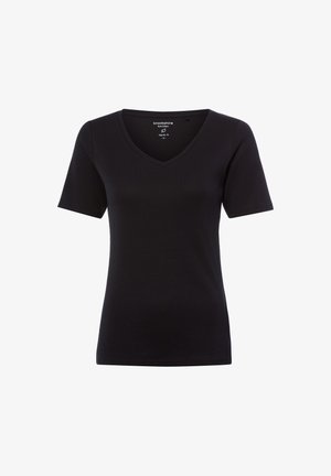 Black short-sleeve women's T-shirt with V-neck collar, regular fit, and pure cotton fabric by Brookshire, size small.