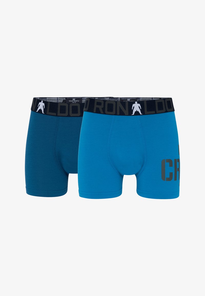 Deux paires de boxers pour hommes en bleu foncé et bleu vif avec des ceintures noires présentant le texte « RONALDO » et un logo silhouette blanc.