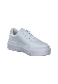 White leather sneaker with a textured rubber sole, rounded toe, and flat laces. Features a subtle metallic accent at the heel.