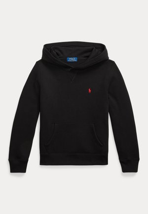 Sweat à capuche noir avec poche avant, logo rouge Polo Ralph Lauren sur la poitrine gauche, et étiquette de marque bleue à l'intérieur du col.