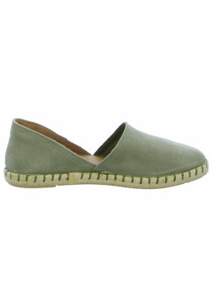 Green suede espadrille with a V-shaped opening, woven jute sole, and green stitching along the edge. Simple, minimalist design.