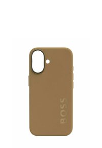 Brązowe silikonowe etui na telefon z matowym wykończeniem, wycięciami na aparat i przyciski oraz wytłoczonym logo z boku.