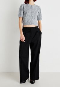 Gray cropped sweater with short sleeves and round neckline, featuring buttons. Black high-waisted trousers with pleats, paired with pointed heels.