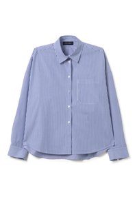 Langes, blau-weiß gestreiftes Hemd mit Knopfverschluss und langen Ärmeln; verfügt über einen Kragen, eine Brusttasche und einen abgerundeten Saum; aus leichtem Material gefertigt.