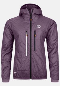 Purple insulated jacket with a hood, featuring a quilted design, two front pockets, contrasting zipper, and elastic cuffs.