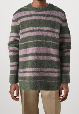 Homme portant un pull duveteux à rayures horizontales vertes et violettes avec un pantalon beige, debout devant un fond uni.