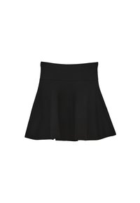 Musta leveähelmainen hame, joka on valmistettu jersey-kankaasta. Hameessa on leveä vyötäröosa ja sileä pinta, ja sen alareuna on viimeistelty siistiksi.
