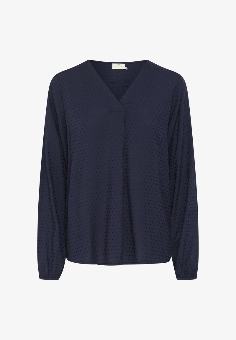 Navy blue long-sleeve blouse with a V-neck, textured fabric featuring raised dots, and a relaxed fit. Subtle pleat detail at the front.
