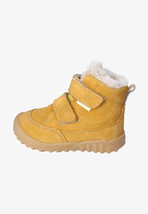 Gelbe Wildleder-Ankle-Boots mit zwei verstellbaren Riemen, weicher weißer Fütterung, strukturiertem Gummisohle und einem gepolsterten Kragen für zusätzlichen Komfort.