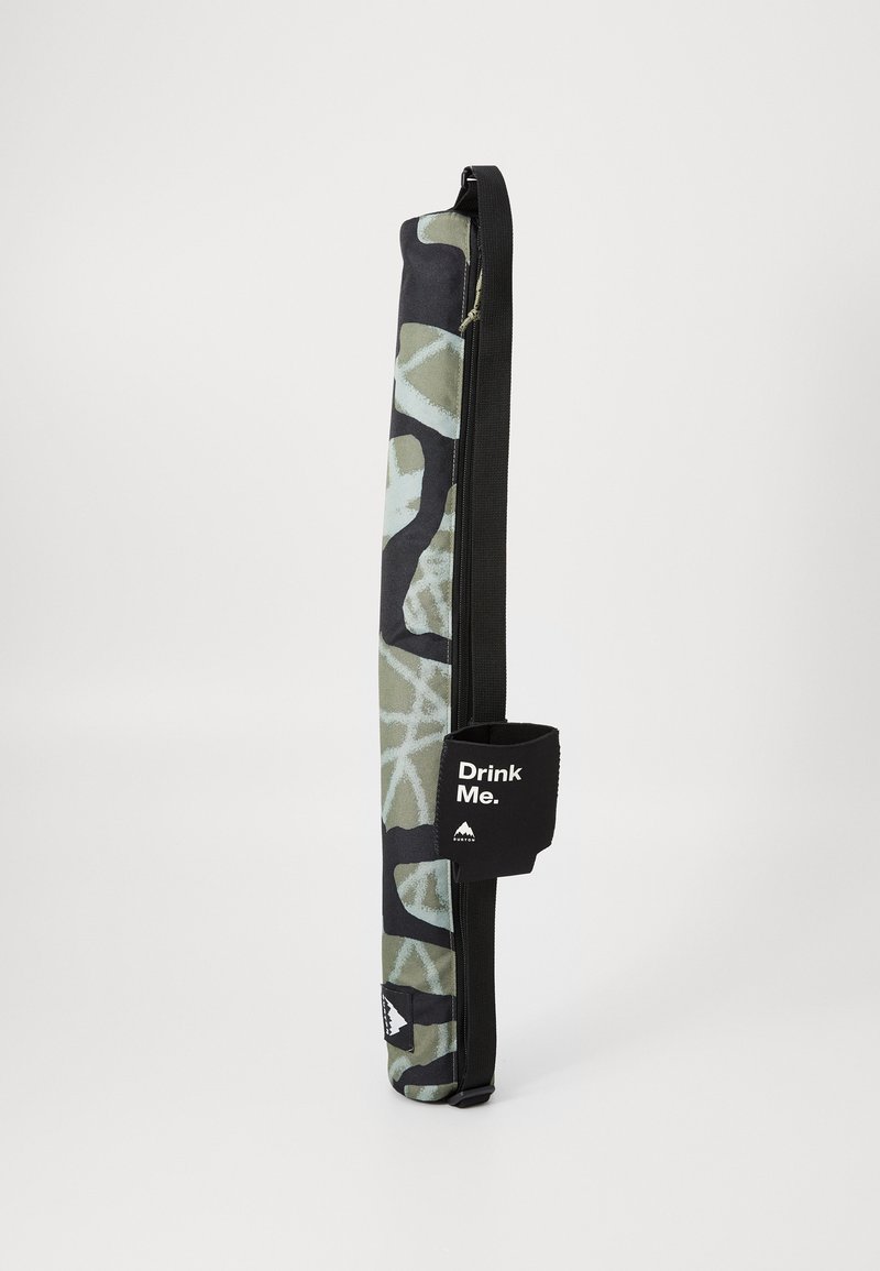Water bottle carrier with a black, green, and light blue camouflage design. Features a zip closure and a "Drink Me" loop for easy carrying.
