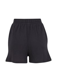 Shorts noirs en tissu texturé avec une ceinture élastique et une coupe décontractée.