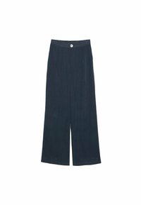 Laivastonsiniset leveälahkeiset housut, joissa on sileä pinta, edessä nappikiinnitys ja laskokset, suunniteltu väljäksi istuvuudeksi.