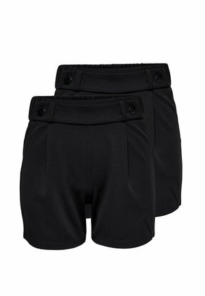 Zwei Paar schwarze High-Waist-Shorts mit Knopfdetails am Bund, die überlappend auf weißem Hintergrund gezeigt werden.