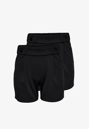 Zwei Paar schwarze High-Waist-Shorts mit Knopfdetails am Bund, die überlappend auf weißem Hintergrund gezeigt werden.