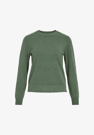 Grüner Langarm-Pullover mit Rundhalsausschnitt, gerippten Bündchen und Saum, aus einfarbigem Strickstoff, auf weißem Hintergrund gezeigt.