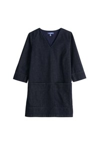 Robe en denim avec un décolleté en V, des manches trois-quarts, deux poches avant et une teinte bleu foncé, présentant une coupe simple et droite.