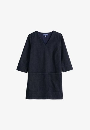 Denim-mekko, jossa on V-pääntie, kolmanneksen hihoja, kaksi etutaskua ja tummansiniset värit, joissa on yksinkertainen ja suora leikkuusuunnittelu.