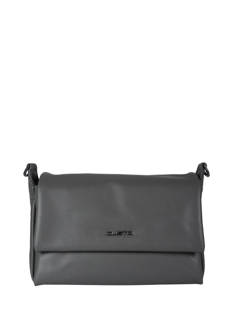 Borsa a tracolla in pelle grigia con patta a risvolto, texture liscia e un logo inciso discreto sul davanti. Dotata di tracolla regolabile.