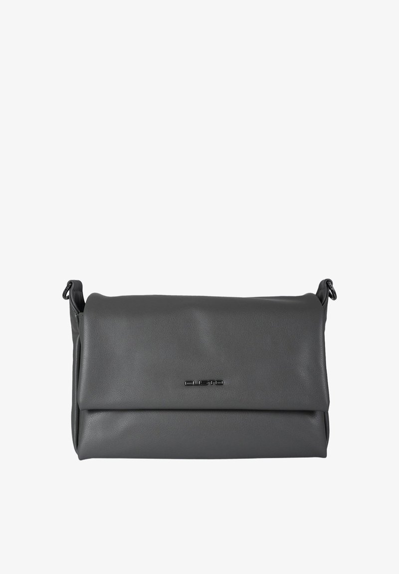 Borsa a tracolla in pelle grigia con patta a risvolto, texture liscia e un logo inciso discreto sul davanti. Dotata di tracolla regolabile.