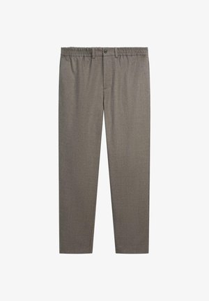 Brązowe, dopasowane spodnie z elastycznym paskiem w talii i zapięciem na guzik. Gładka tkanina z delikatną fakturą, krój o prostych nogawkach.