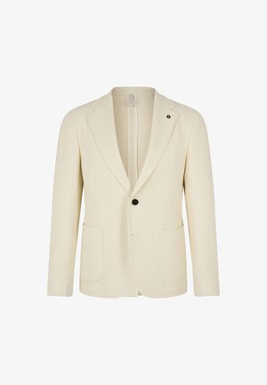 Blazer couleur crème en tissu texturé, avec un col cranté, un bouton noir unique et deux poches avant. Détails de design simples.